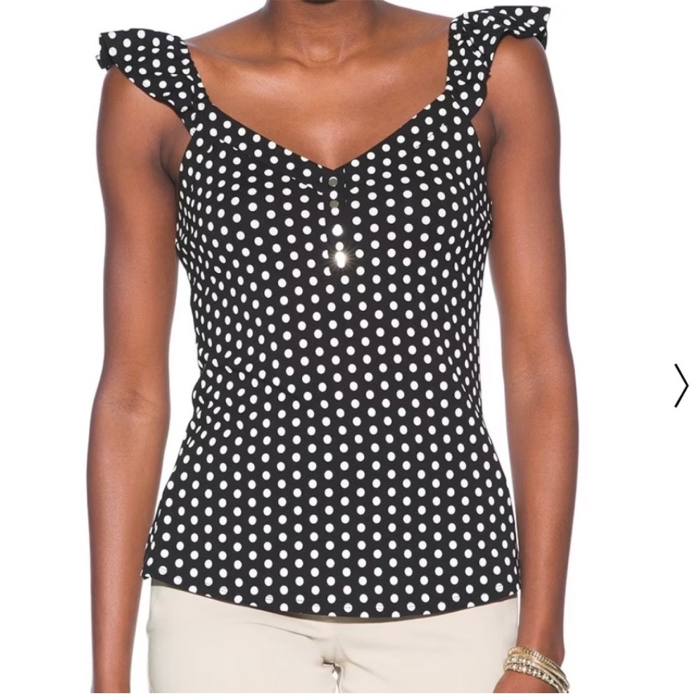 White House Black Market Black & White Polka Dot Ruffle Strap Tank